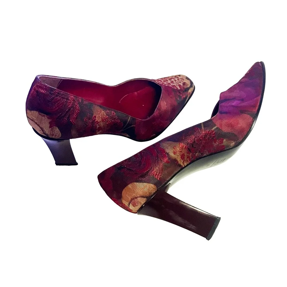 Vintage Proxy Floral Tapestry Pumps Size 10 Leather Spain Square Toe Rare Heels